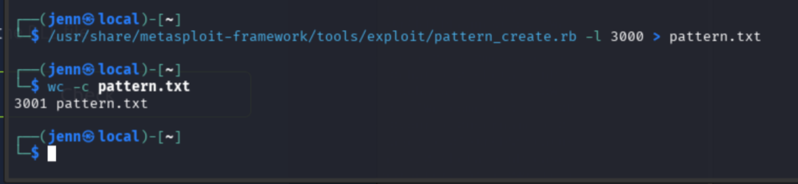 pattern_create.rb generating a 3000-character cyclic pattern and wc confirming byte count